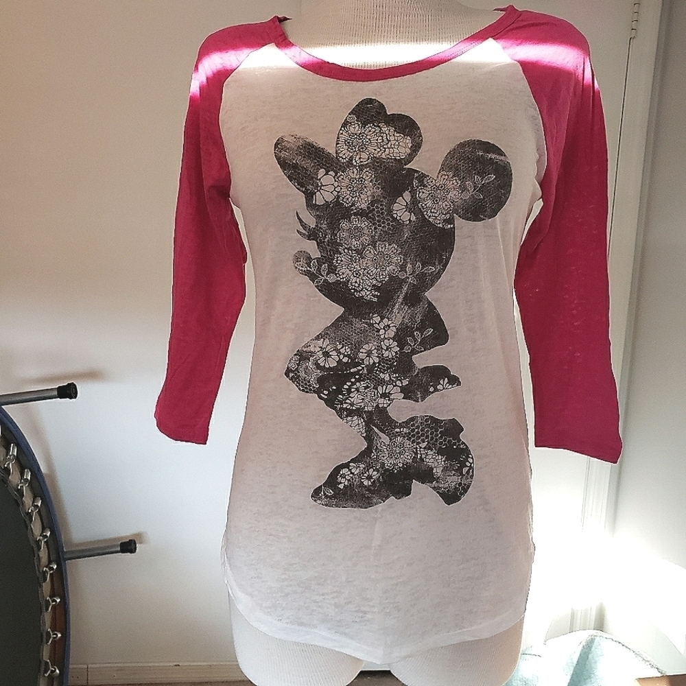 Disney Mimi Mouse Cotton & Polyester 1/4 Sleeve Pink Baseball Shirt Size S NWT